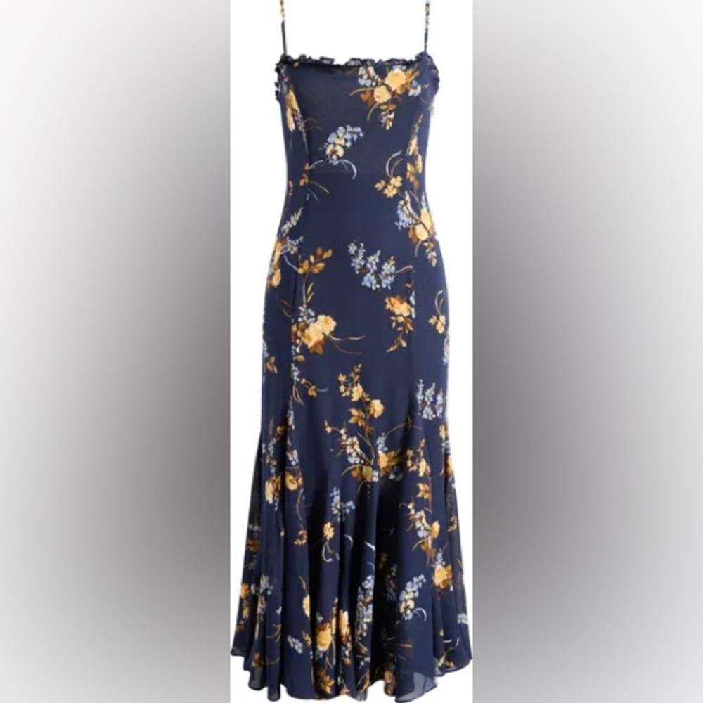 NWT 10 Reformation Lilibet Floral Ruffle Dress navy gown